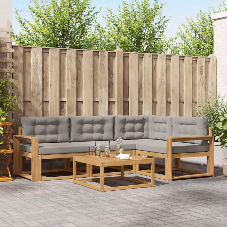 Set di divani da esterno a L vidaXL in legno di acacia con tavolo da caffè, colore bianco, grigio e marrone, compreso di cuscini in poliestere resistente ai raggi UV
