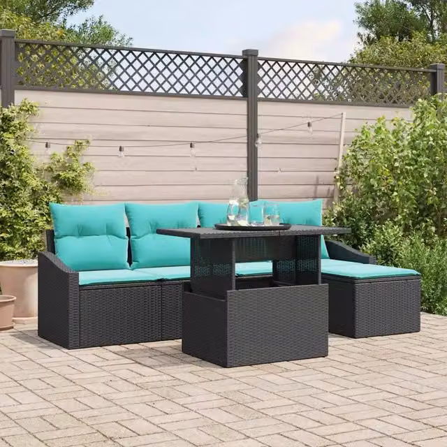 Set Divano da Giardino 6 pz Nero e Blu polyrattan 3348992