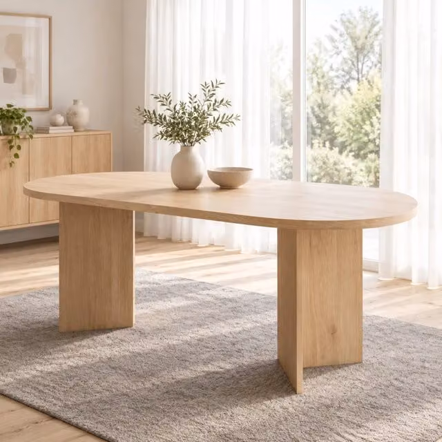 Tavolo da pranzo 160x80 cm in MDF, per 6-8 persone, piano arrotondato spesso 18 mm, colore rovere
