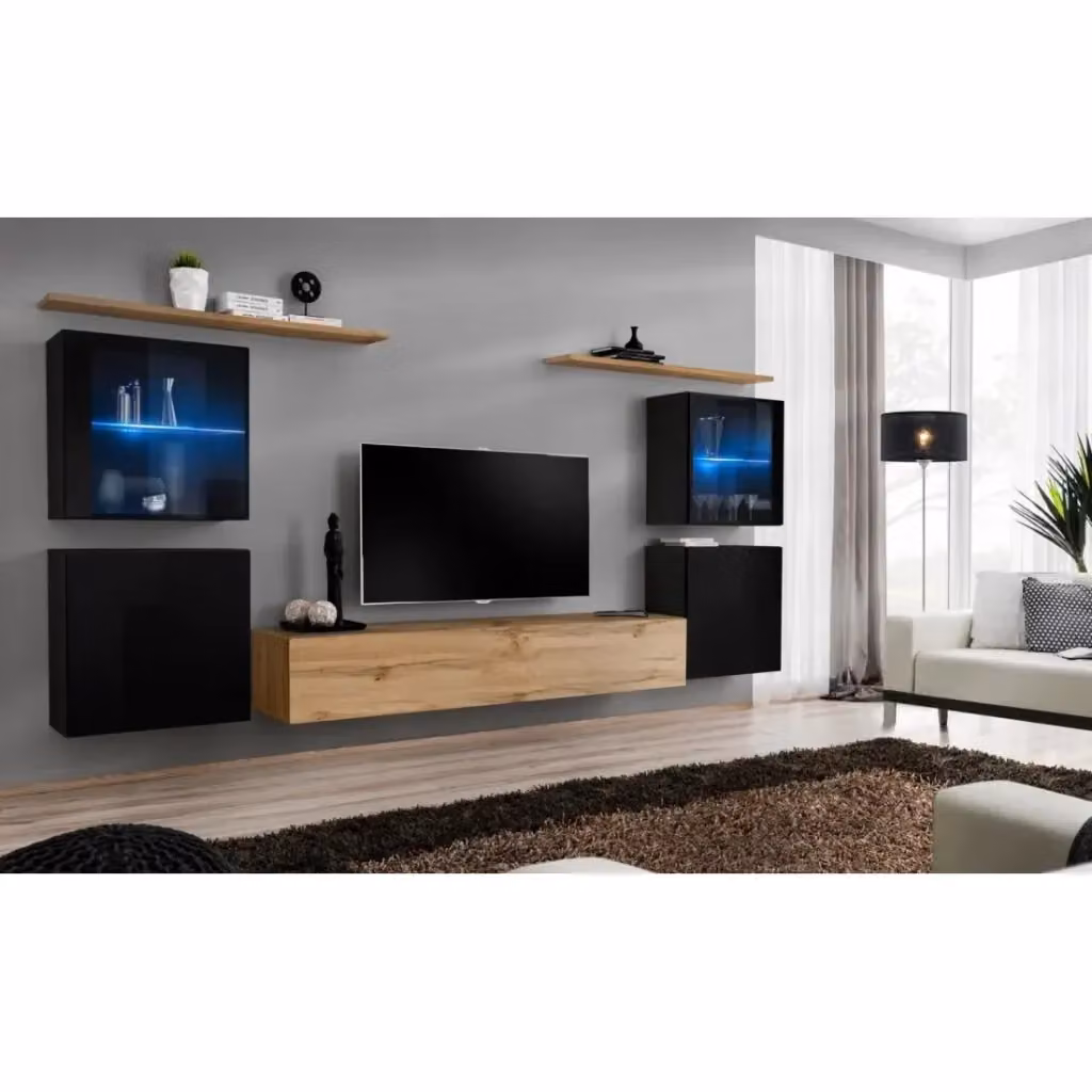 Composizione murale SWITCH XIV Meublorama mobile TV sospeso in quercia Wotan e nero lucido con LED – 2