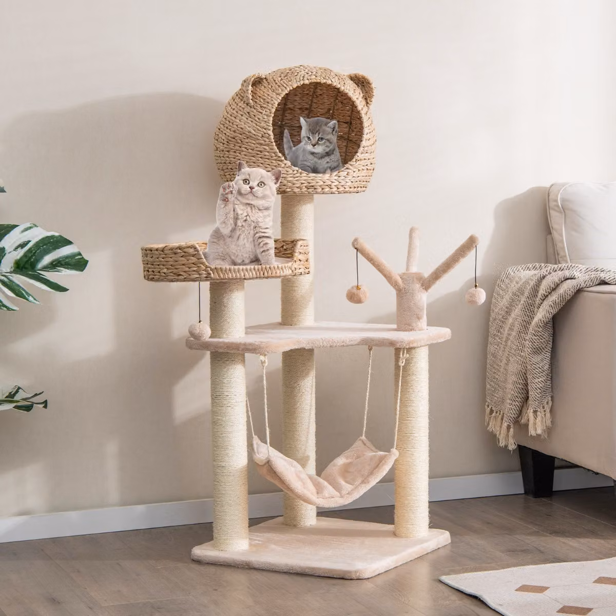 Torre per gatti Costway con casetta, amaca e centro di attività, colore beige e marrone, Altezza: 121 cm