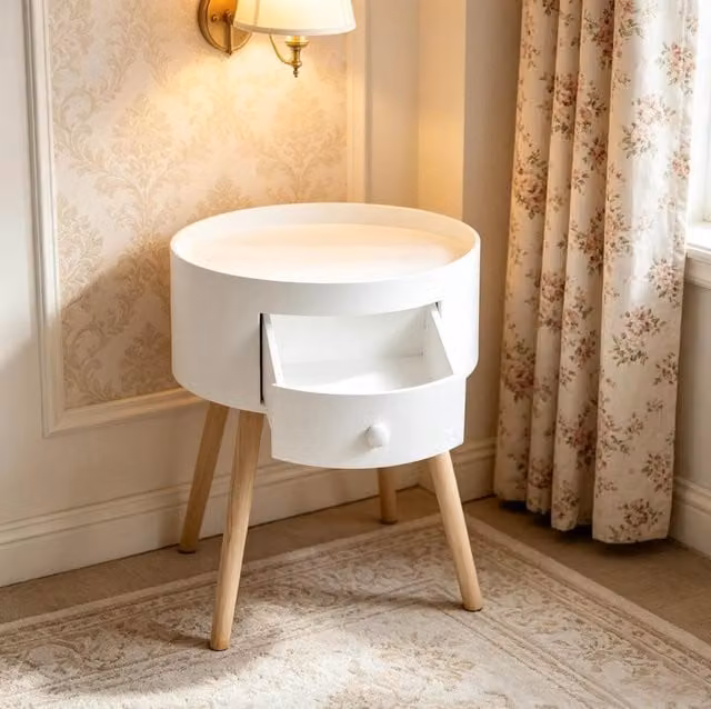 Comodino rotondo 38x38x45 cm in MDF e legno, bianco, con cassetto –