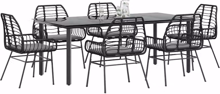 Set Pranzo da Giardino 7 pz Nero con Cuscini Polyrattan Vetro
