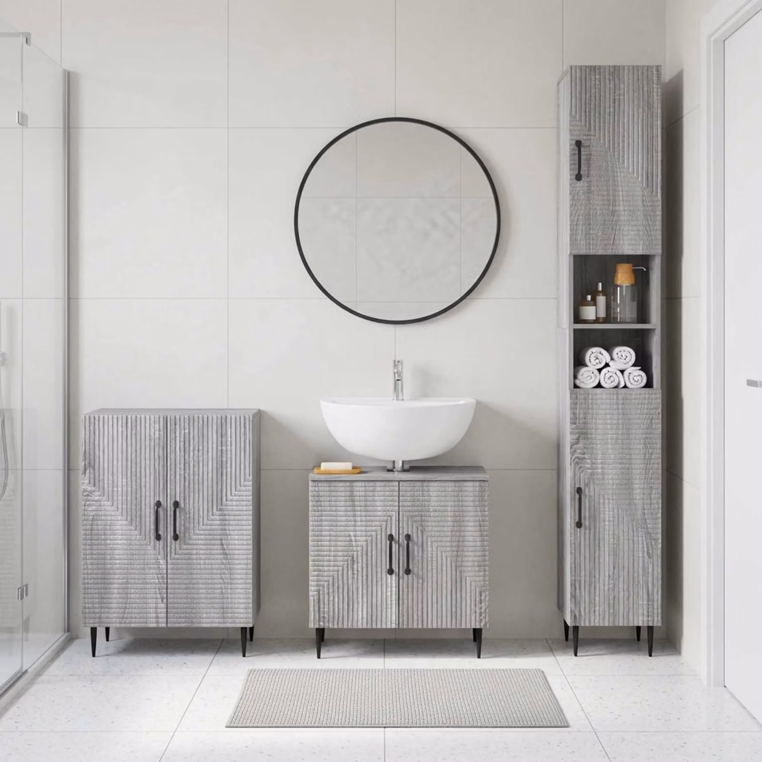 Set di armadietti da bagno moderni vidaXL HAARLEM in 3 pezzi, colore grigio, con mobile lavabo e pensili