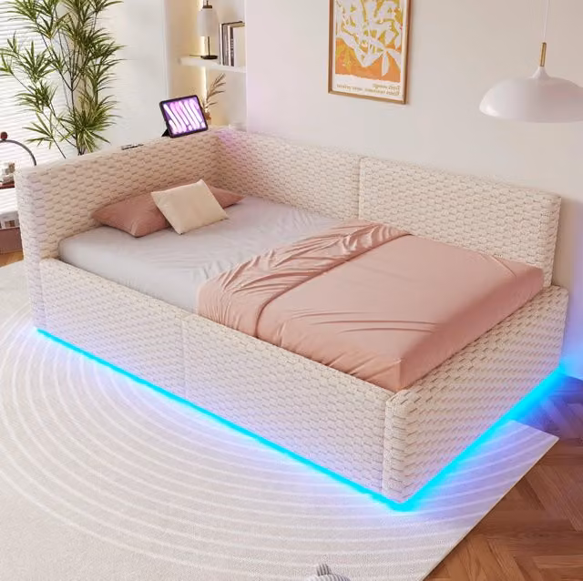 Letto imbottito multifunzione 90x200 cm con LED; 2 USB e Type-C; schienale a L; velluto beige