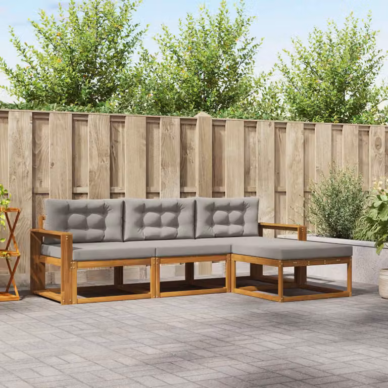 Set di divani da esterno a forma di L vidaXL in legno di acacia con cuscini, Grigio e Marrone