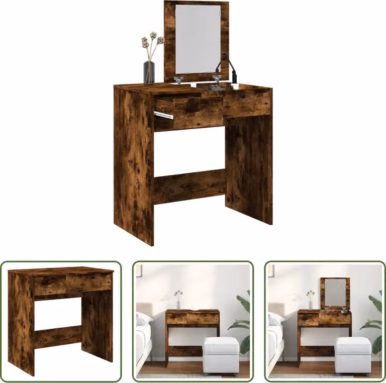 The Living Store Comodino con specchio in rovere fumé 73x46,5x120 cm