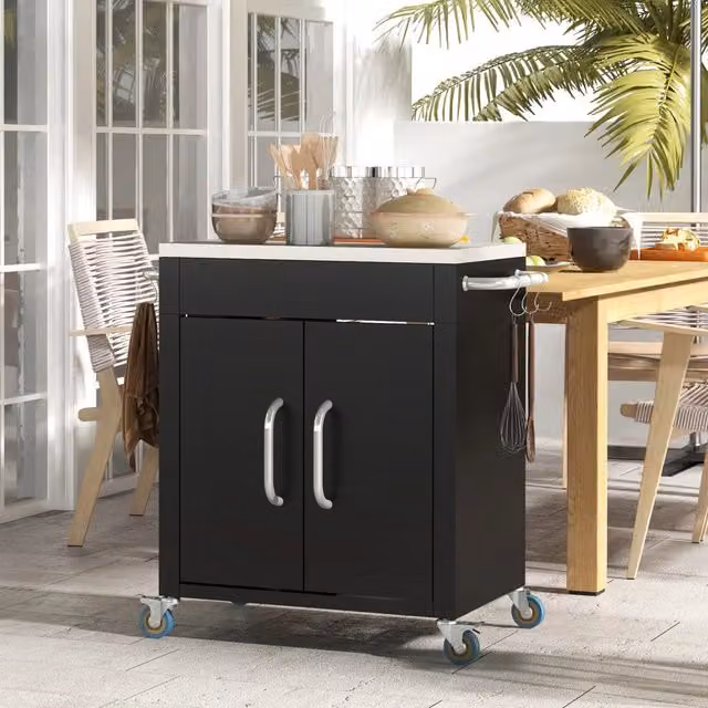 Carrello da cucina nero con ruote 86x50x86,5 cm con armadietto e ganci