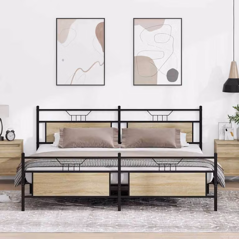 vidaXL Giroletto in Metallo e MDF Rovere Sonoma e Nero L: 199 cm, P: 207 cm, H: 91,5 cm