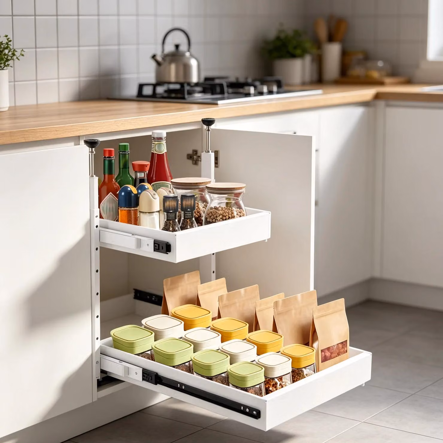 Ripiano estraibile per armadietti da cucina - Ripiano metallico a 2 livelli - Design estraibile - Acciaio al carbonio - 10 kg per ripiano - Bianco