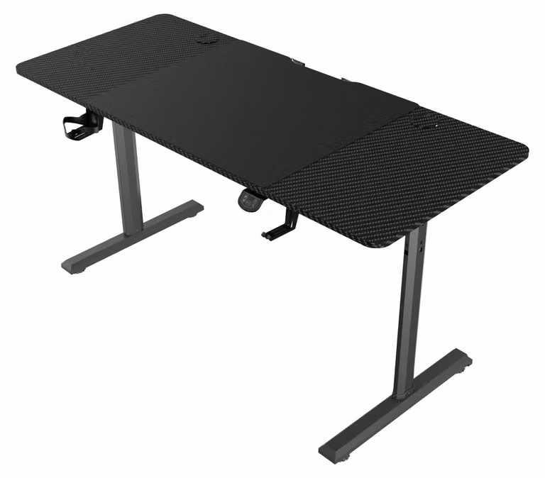 Scrivania regolabile elettricamente - 140 x 60 cm - Capacità di carico: 80 kg - Struttura in legno composito - Finitura nera effetto carbonio - Scrivania da gaming