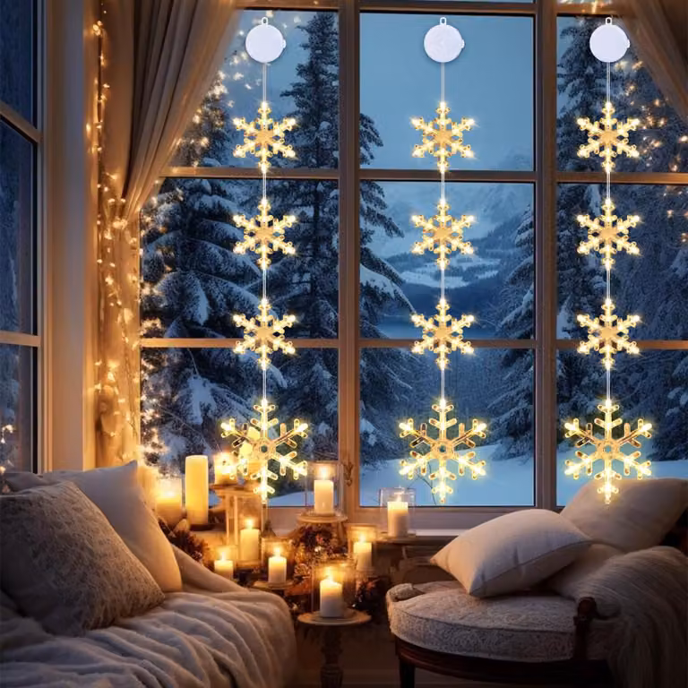 Set di 3 decorazioni a forma di fiocchi di neve a LED per finestre, luce bianco caldo