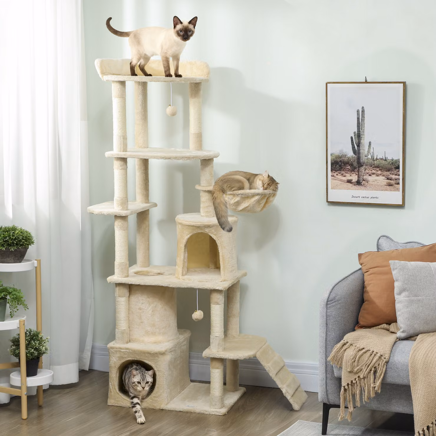 Albero tiragraffi per gatti PawHut alto 170 cm con amaca, cave, tunnel e piattaforme, Beige – 2