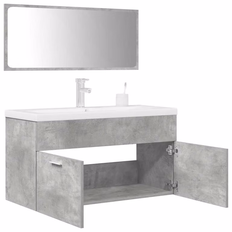 Set di mobili da bagno vidaXL 3 pezzi in legno e vetro, colore grigio e bianco, design moderno a parete con mobile lavabo e armadietto specchio