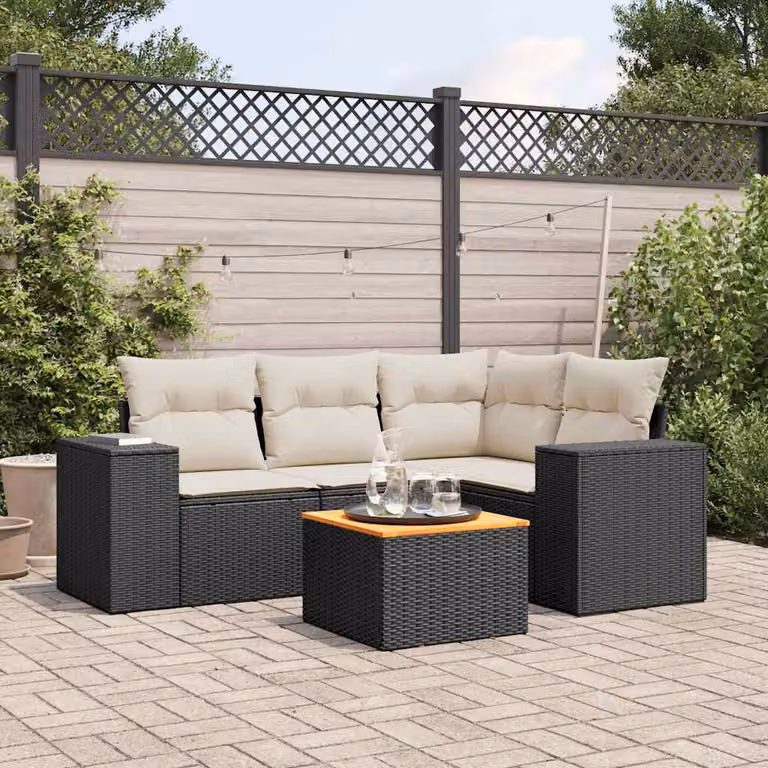 vidaXL Set Divani da Giardino 5 pz a Forma a L in Polyrattan Nero con Cuscini e Tavolino