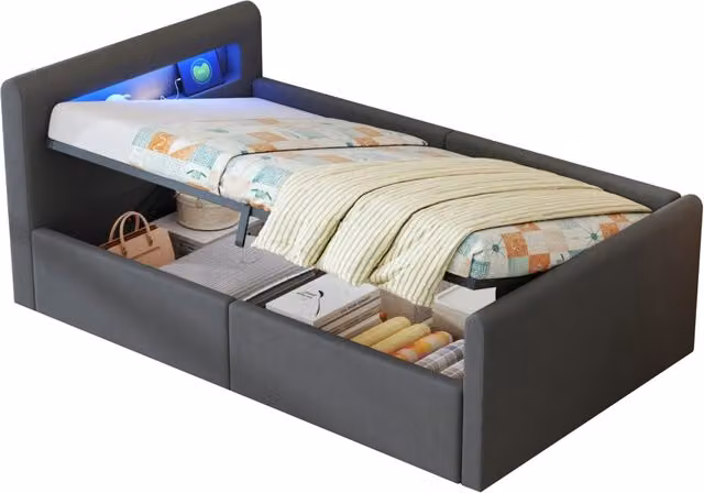 Letto imbottito per bambini 90x200 cm con contenitore idraulico; LED; luce notturna; USB e schienale reversibile; velluto grigio scuro