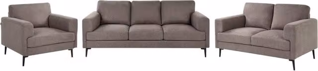 Set da salotto Beliani IT in stile Mid Century con divano a 3 posti, divano a 2 posti e poltrona, rivestimento in tessuto marrone e gambe in metallo nero