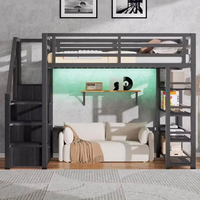 Letto a soppalco ULEVR 140x200 cm in metallo con libreria, guardaroba, scala contenitore e LED, nero