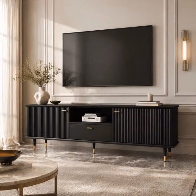 Mobile porta TV moderno OKWISH in MDF nero e oro con 2 ante, 1 vano aperto, 1 cassetto con chiusura ammortizzata e passacavi, L/P/H: 170 x 36 x 54 cm – 1