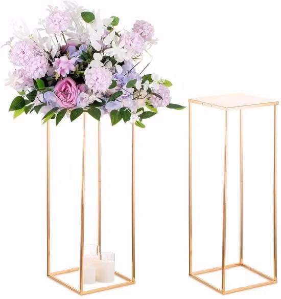 Vasi rettangolari metallici dorati in oro da 60 cm, coppia di stazioni per fiori con alta vetrina per fiori, grandi vasi per feste di matrimonio - 2 pezzi