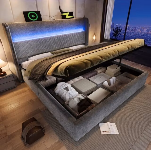 Letto contenitore ULEVR 180x200 cm con LED, USB e Type-C, testiera alta in lino grigio