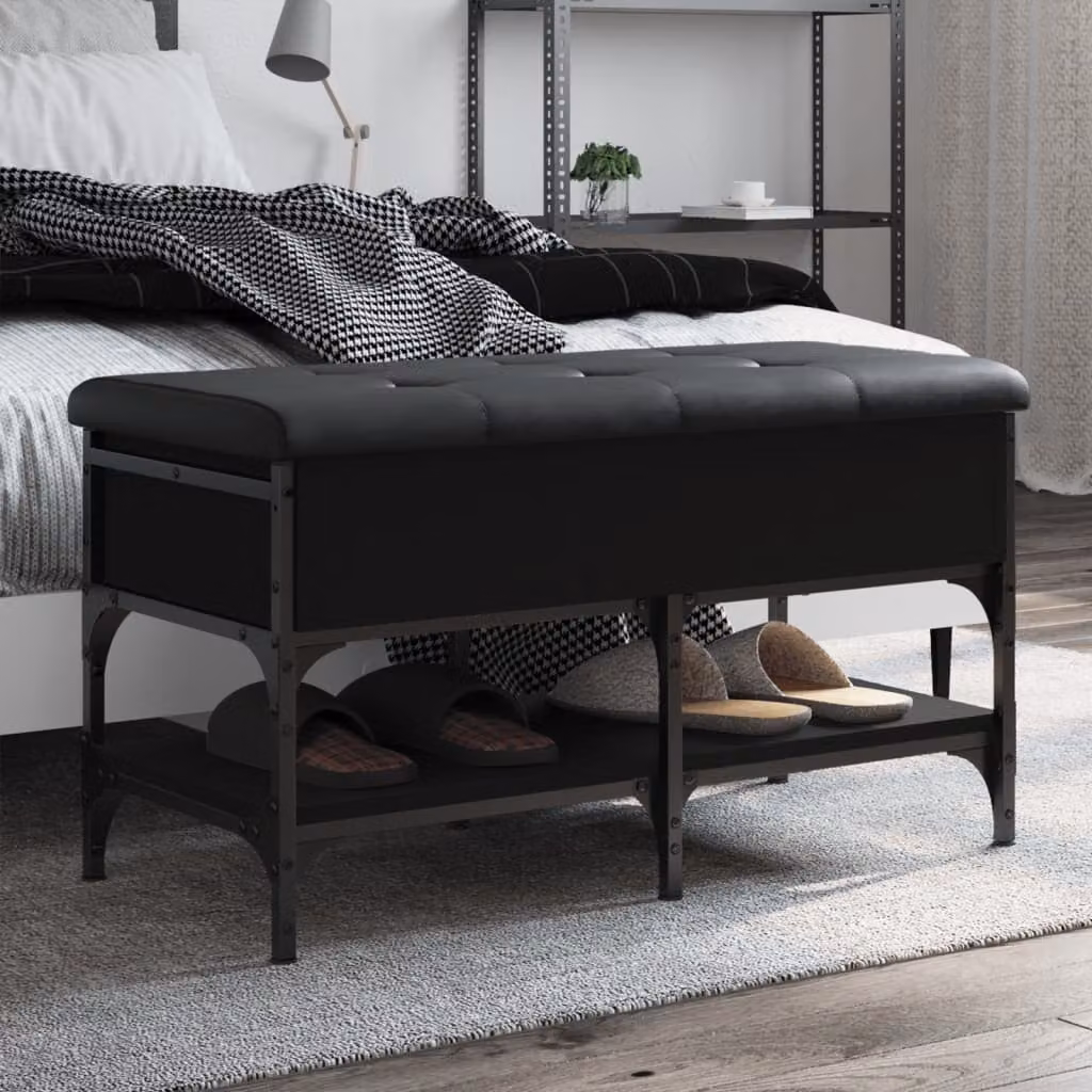 vidaXL Panca Porta Scarpe Moderna Nera in Legno e Metallo con Seduta in Pelle Sintetica L: 82 cm, P: 42 cm, H: 45 cm