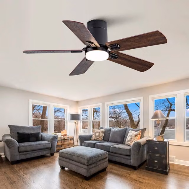 Ventilatore da soffitto moderno con LED dimmerabile e telecomando, nero e noce scuro