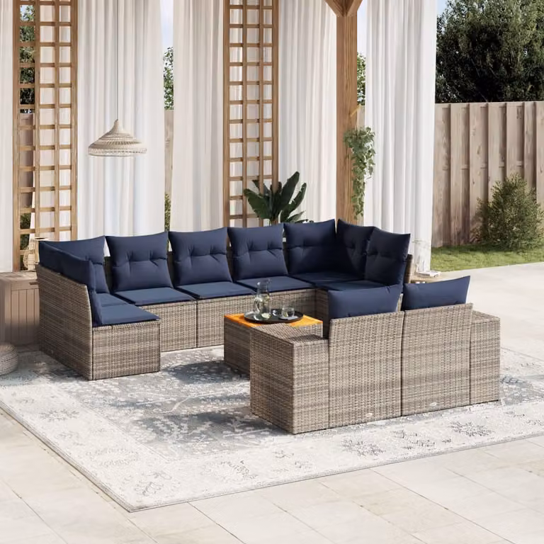 Set di divani da giardino vidaXL in polyrattan grigio con cuscini e tavolino da esterno a forma di L
