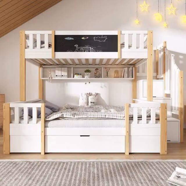 Letto a castello Mivray per bambini in bianco con scala contenitore e cassetti, L/P/H: 253 x 145 x 150 cm