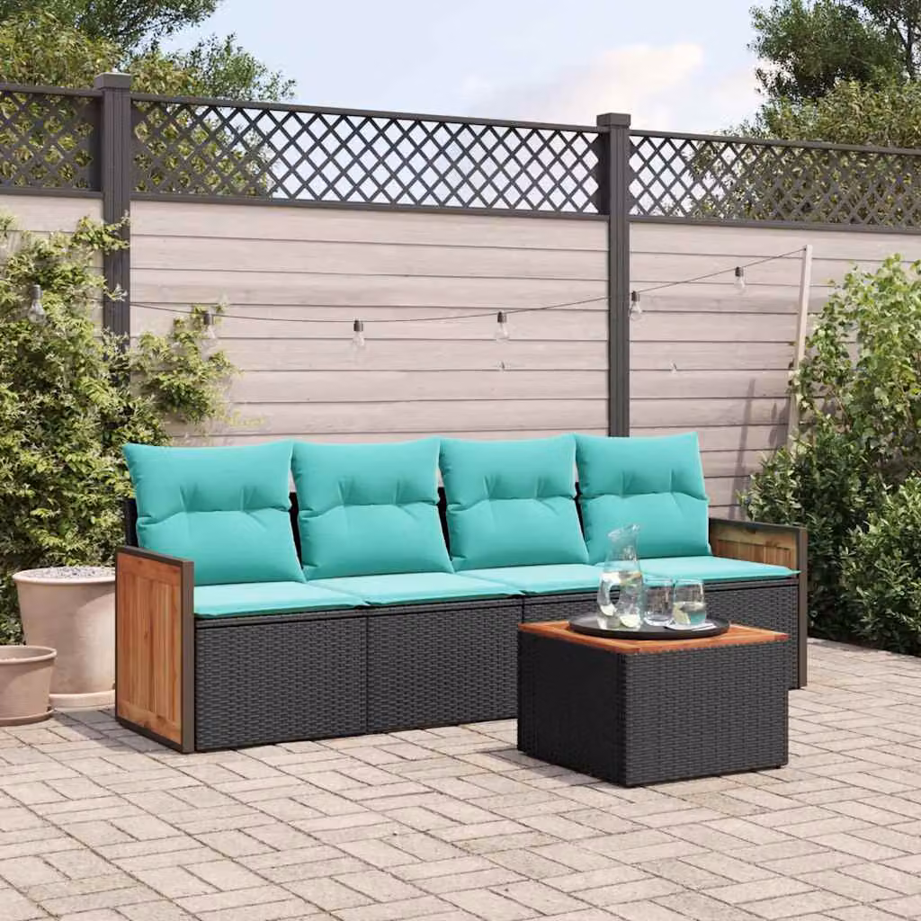 Set da giardino vidaXL in polyrattan composto da 5 pezzi con cuscini, divano a 3 posti, divano a 2 posti, poltrone e tavolino, colore nero e blu turchese