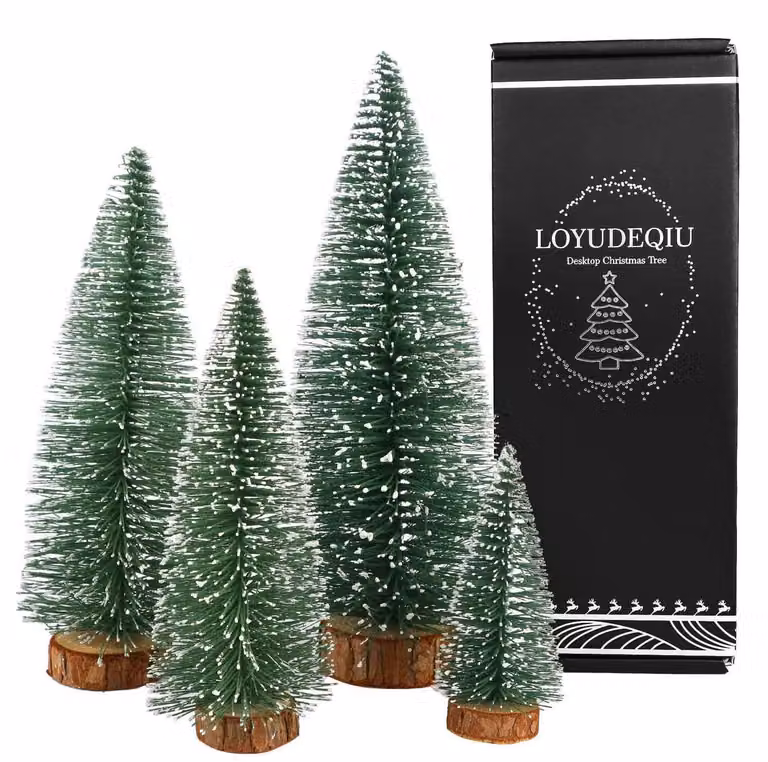 Mini albero di Natale artificiale con effetto neve, confezione da 4 pezzi, altezza 10-25 cm, colore verde