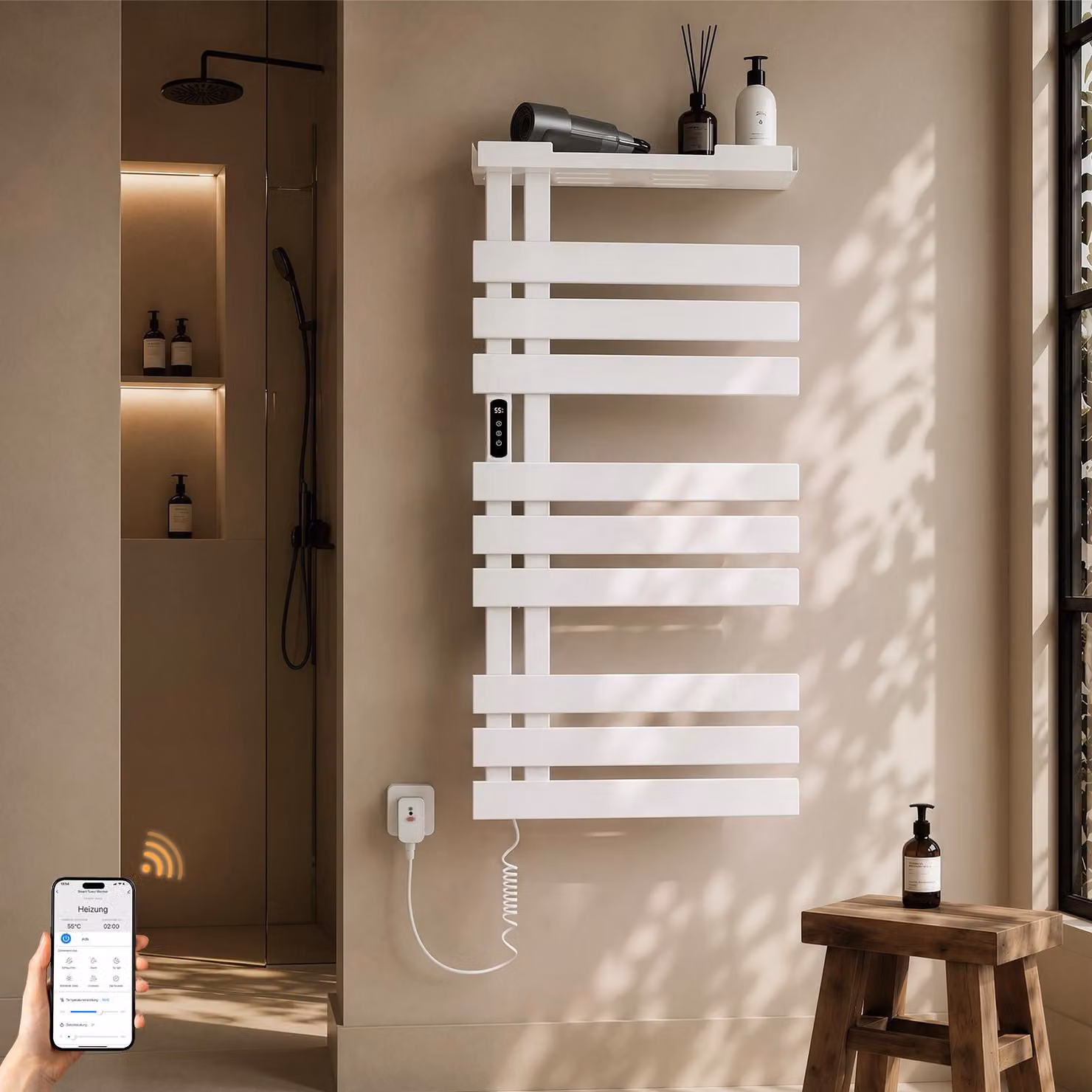 S'AFIELINA Scaldasalviette Elettrico con Ripiano 1050×500 mm 335 W Bianco,Termoarredo WiFi, Riscaldamento in Fibra di Carbonio, 6 Modalità