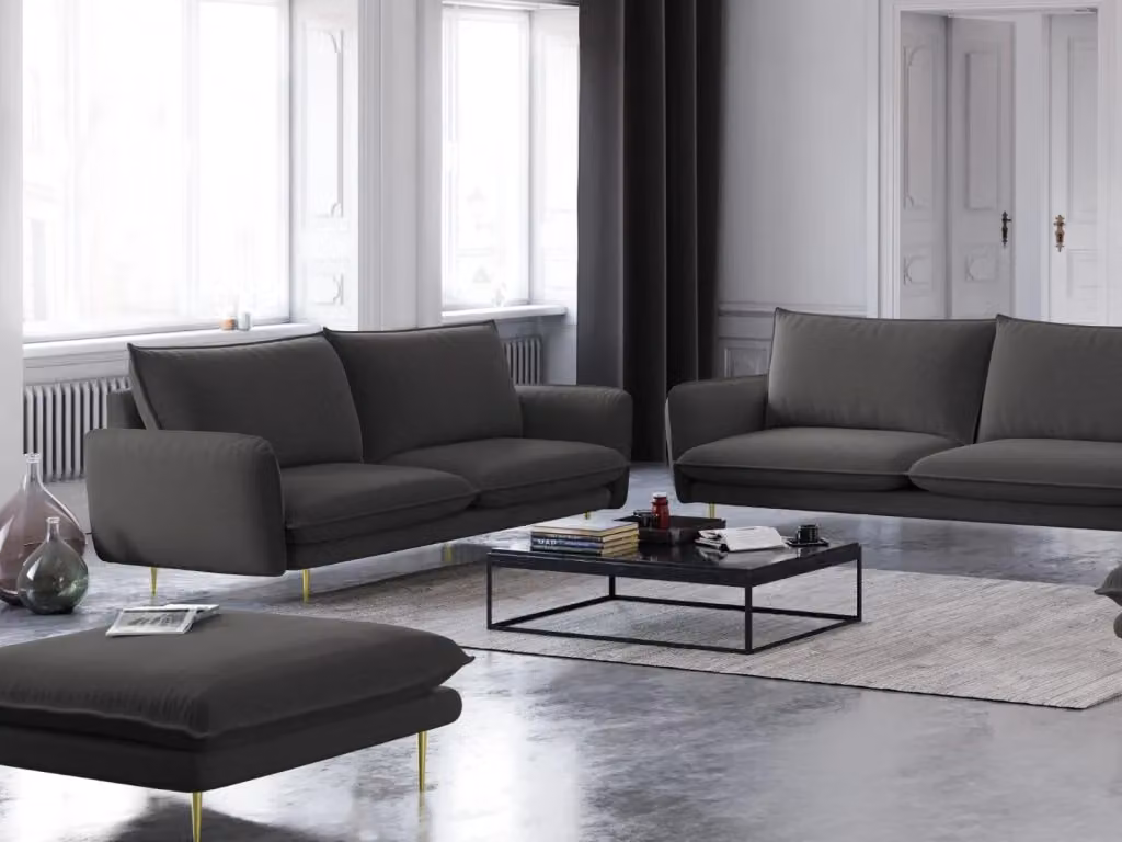 Divano 2 posti Vienna di Cosmopolitan Design in tessuto strutturato grigio scuro con dettagli oro e struttura in metallo L: 160 cm, H: 95 cm, P: 92 cm – 2