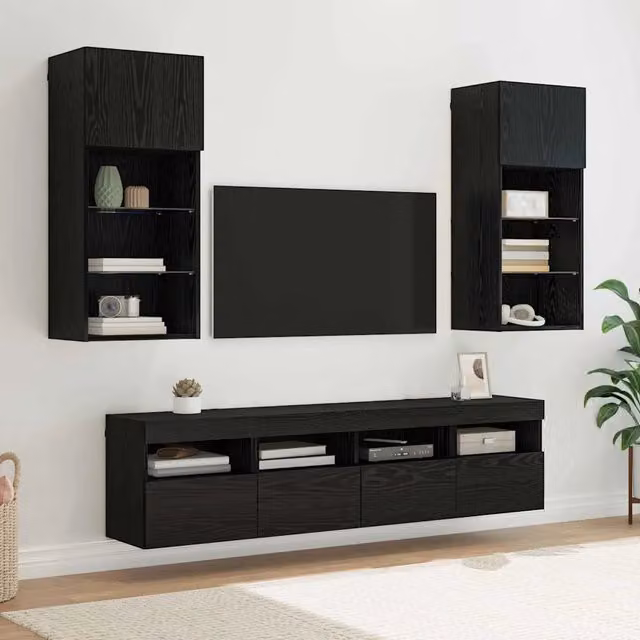 Mobile da Muro per TV con LED 5 pz-Set di 5 Credenza per TV Rovere Nero 40,5 x 30 x 90 cm