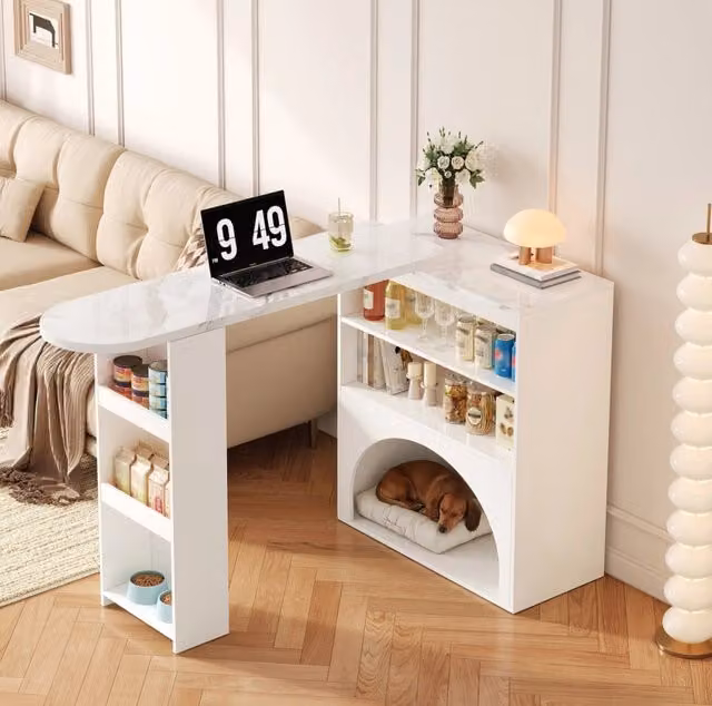 Tavolo allungabile moderno bianco con piano effetto marmo, area relax per animali domestici, 120(+80)×40×100 cm