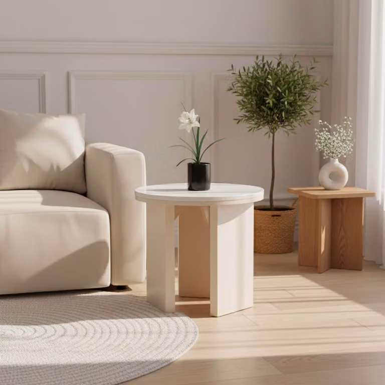 Tavolino rotondo con finitura effetto legno diam 50 cm crema - Oviala Bonny