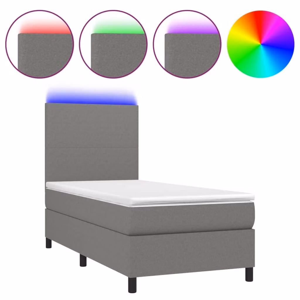 Letto a Molle Materasso e LED Grigio Scuro 90x190 cm in Tessuto