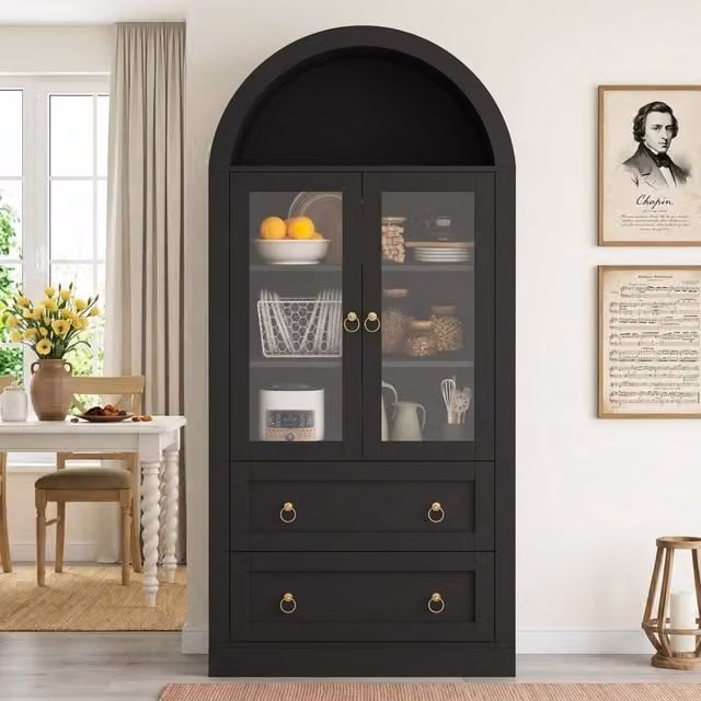 Credenza moderna nera con ante in vetro e cassetti per cucina e soggiorno, L: 80 cm, P: 36 cm, H: 170 cm