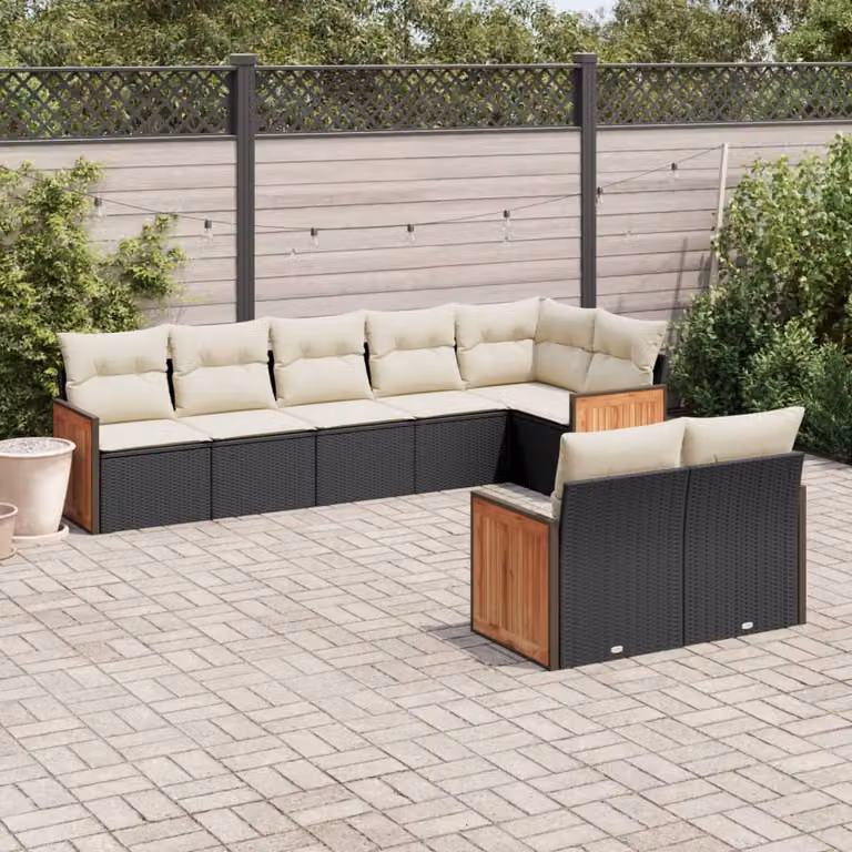 Set di divani da giardino vidaXL a forma di L in polyrattan nero con 8 cuscini imbottiti e coperture rimovibili