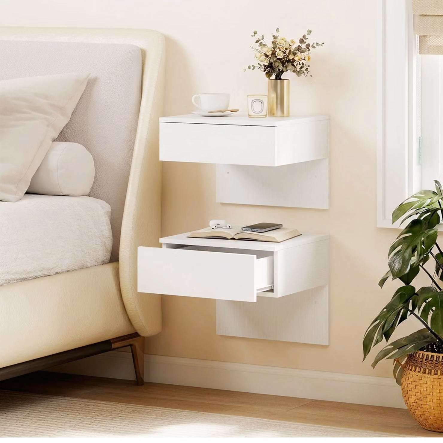 Set di 2 Comodini Sospesi HOMCOM con Cassetto per Camera da Letto, Bianco Lucido, L: 40 cm, P: 35 cm, H: 36,2 cm – 2