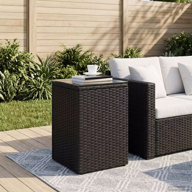 vidaXL Tavolo laterale moderno in polyrattan e vetro, Nero, L 35 x P 35 x H 50 cm