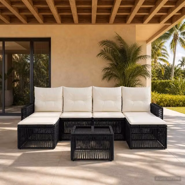 Set da giardino vidaXL composto da 7 pezzi in rattan con struttura in metallo nero e cuscini bianchi e crema – 1