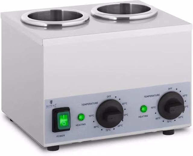 Scaldasalse elettrico Royal Foodservice in acciaio inox argento per 2 bottiglie da 1 litro con pannello di controllo inferiore e display analogico