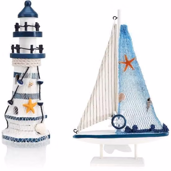Set decorativo in stile marittimo - Barca a vela in legno e faro - 2 pezzi - Blu - Legno