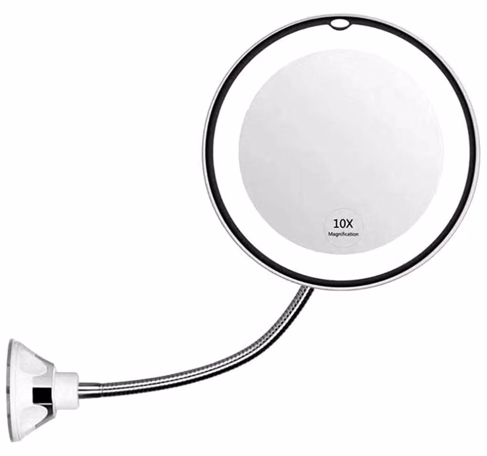 Specchio da trucco a LED, ingrandimento 10x, collo di cigno, ventosa, colore bianco