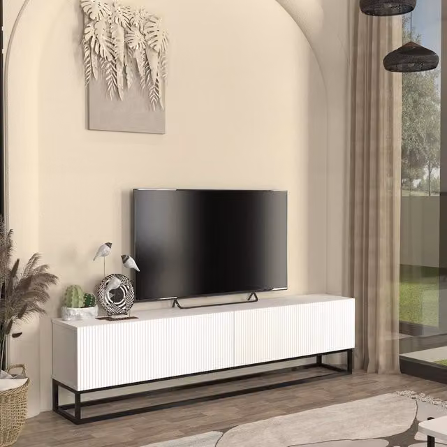 Mobile Porta TV Verpsboga en.casa con 2 Ante Decorative e Telaio in Metallo, Bianco, L 180 cm x P 31,5 cm x H 46,5 cm