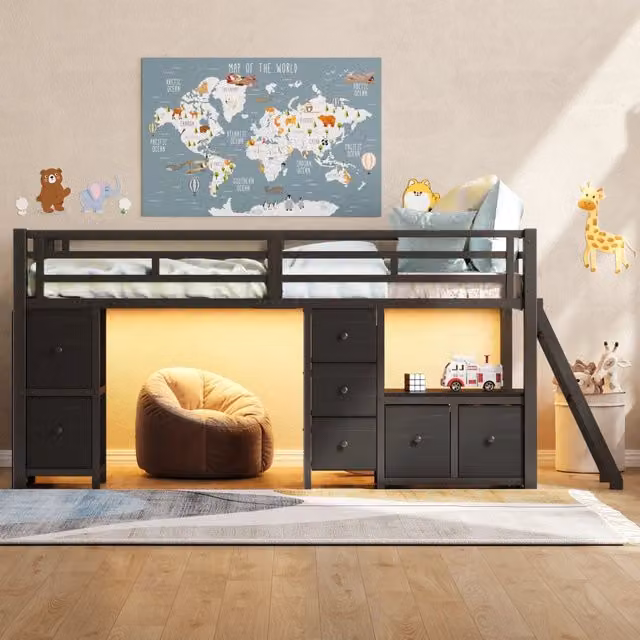 Letto rialzato per bambini 90x200 con 7 cassetti; luci LED; protezioni e struttura nera