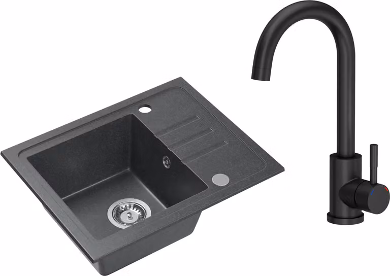 VBChome Lavello in granito nero con rubinetteria 55 x 44 cm Lavello da incasso a vasca singola Macchiettato Reversibile Lavello in granito Sifone Rubinetteria per lavabo