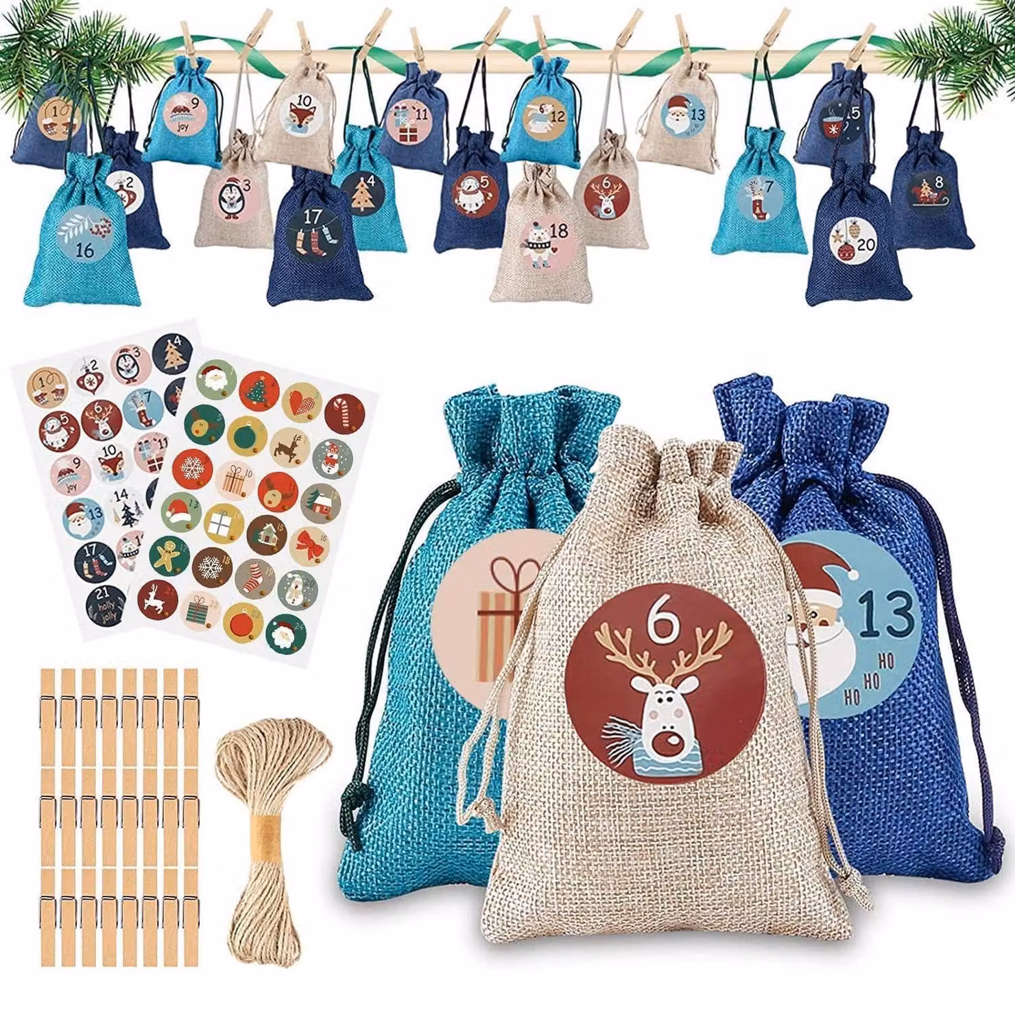 Calendario dell'Avvento da riempire, composto da 24 sacchetti di stoffa, ideale per creare un calendario di Natale personalizzato. Include adesivi, graffette e corda di canapa