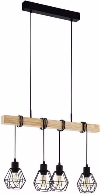 Lampada a Sospensione Eglo Townshend 5 in Legno e Metallo Nero con 4 Luci, Stile Industrial, Dimmerabile e Regolabile